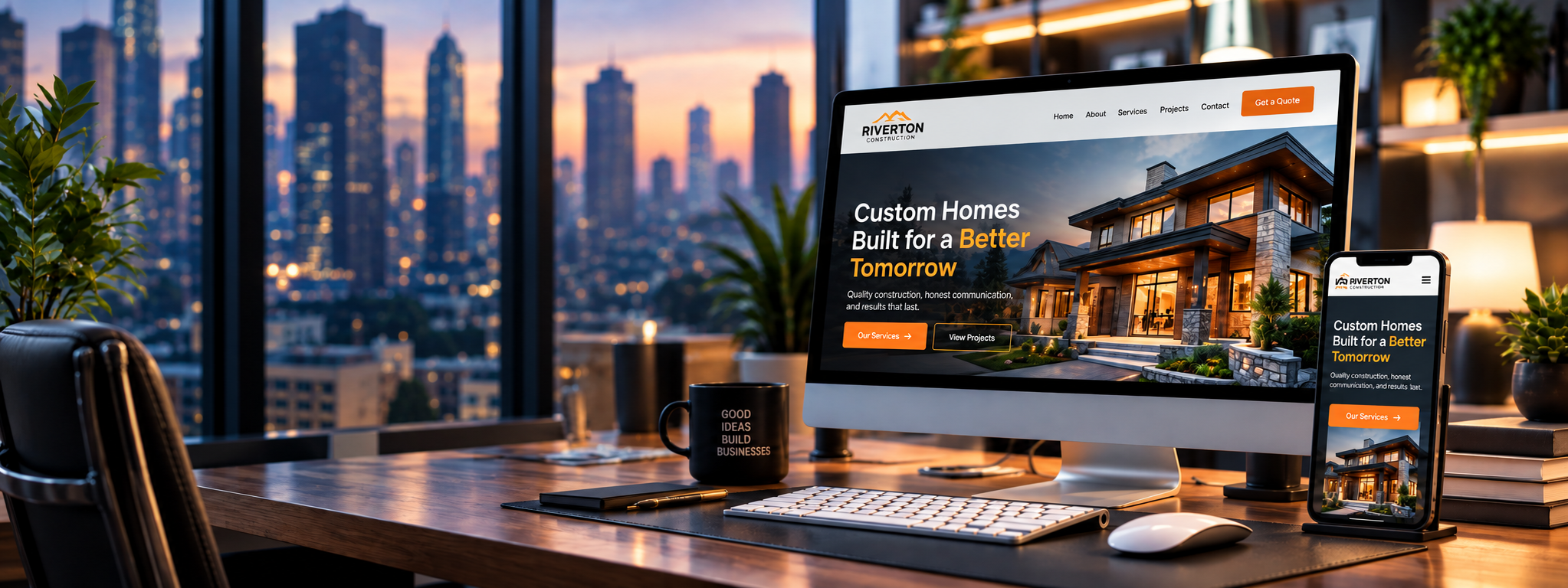 Professional responsive construction website shown on desktop and mobile