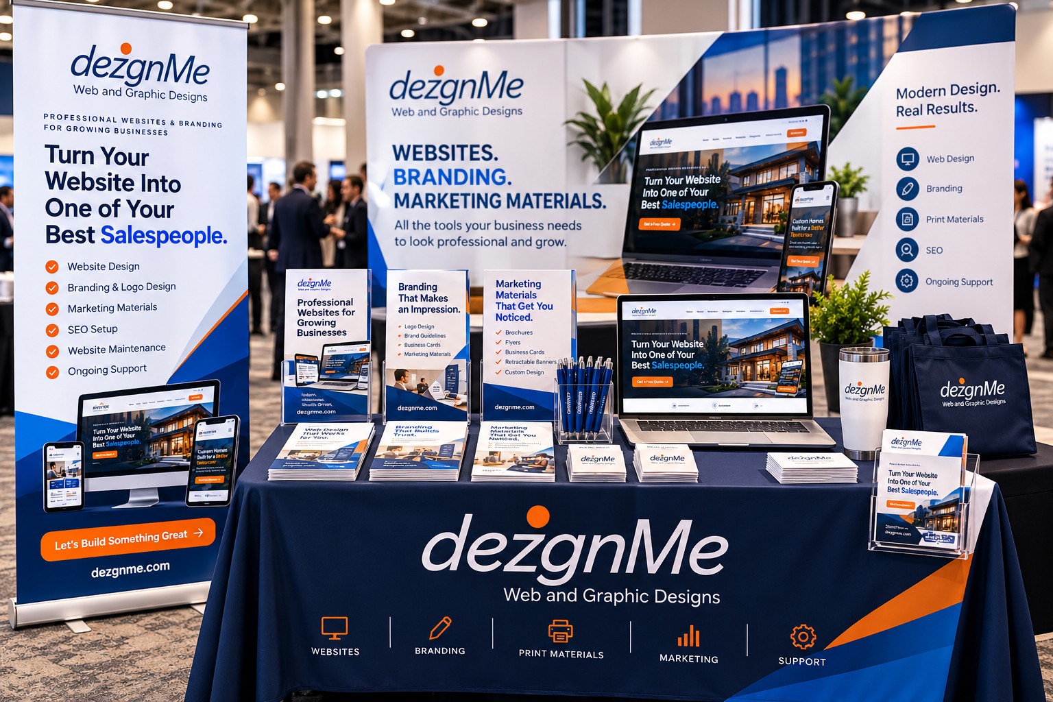 Dezgnme branded event display featuring retractable banners, table cover, brochures, business cards, promotional products and website displays